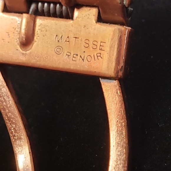 Vintage Signed Matisse Renoir Leaflet Copper Hinge Bracelet with Green Enamel - Picture 4 of 7